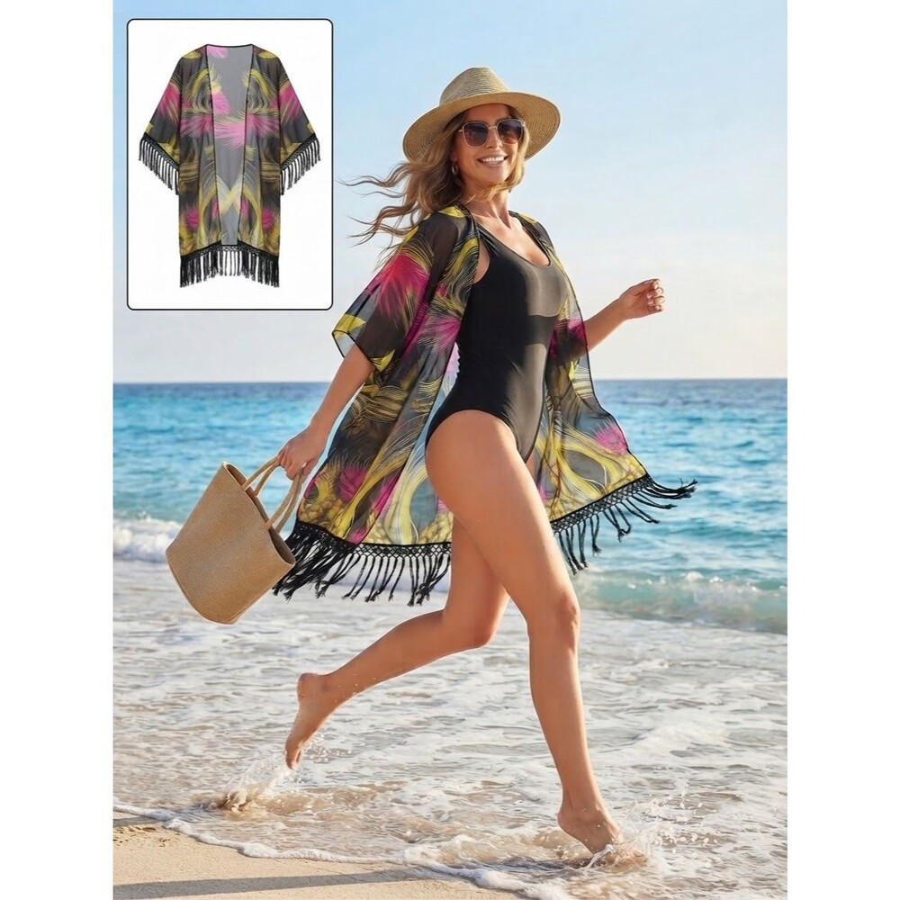 BOHO Feather Print Beach Cover-Up Oversized Open Front Sheer Chiffon Fringe 1 SZ